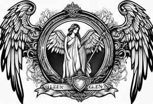 Simple tattoo with the word Glenn on a banner and angel wings tattoo idea