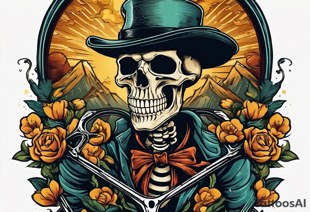 Lifelike skeleton wearing licra and cap rides a road bicycle. The skeleton is grinning at the viewer. There is no background image tattoo idea