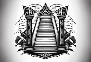 Valhalla sword shield axe 
stairs mist tattoo idea