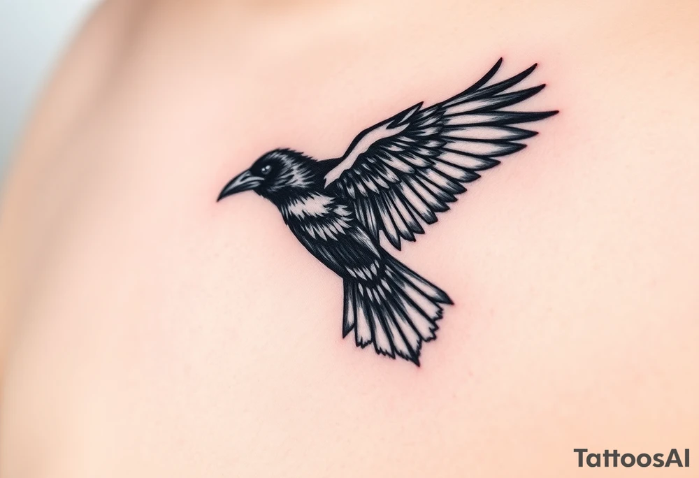 A detailed raven in mid-flight, wings spread wide with intricate feather patterns, symbolizing Tris’s journe and name TRIS tattoo idea