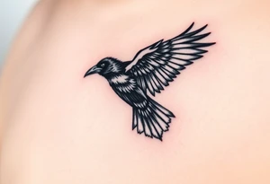A detailed raven in mid-flight, wings spread wide with intricate feather patterns, symbolizing Tris’s journe and name TRIS tattoo idea