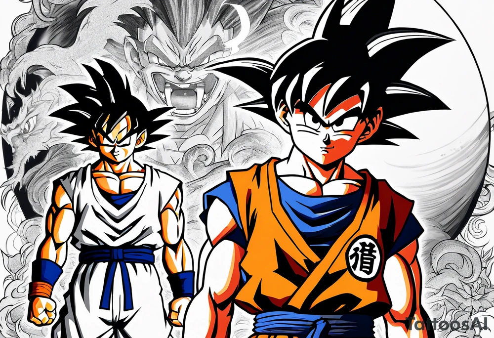 Son-Goku as a child in the foreground and an older version of him as a super saiyajin behind him. A huge dragonball surrounds the whole story tattoo idea