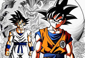Son-Goku as a child in the foreground and an older version of him as a super saiyajin behind him. A huge dragonball surrounds the whole story tattoo idea
