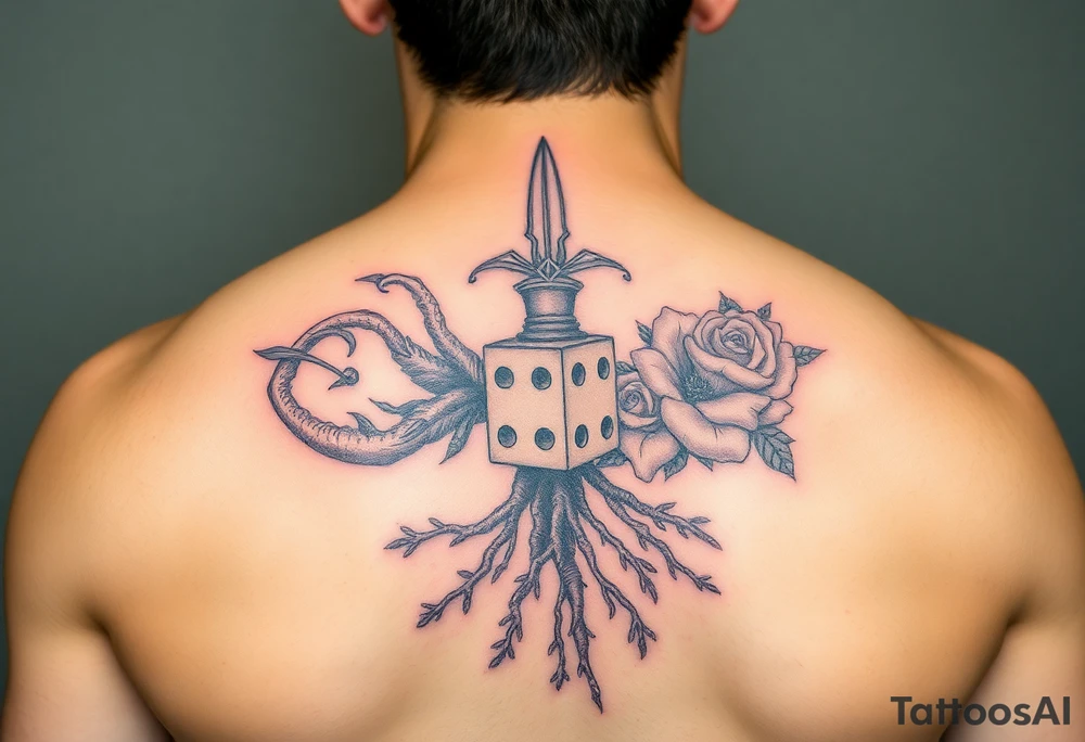 Gods hand, squid, knight with roses and tree roots rolling dice tattoo idea
