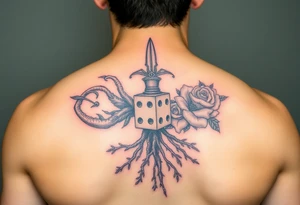 Gods hand, squid, knight with roses and tree roots rolling dice tattoo idea