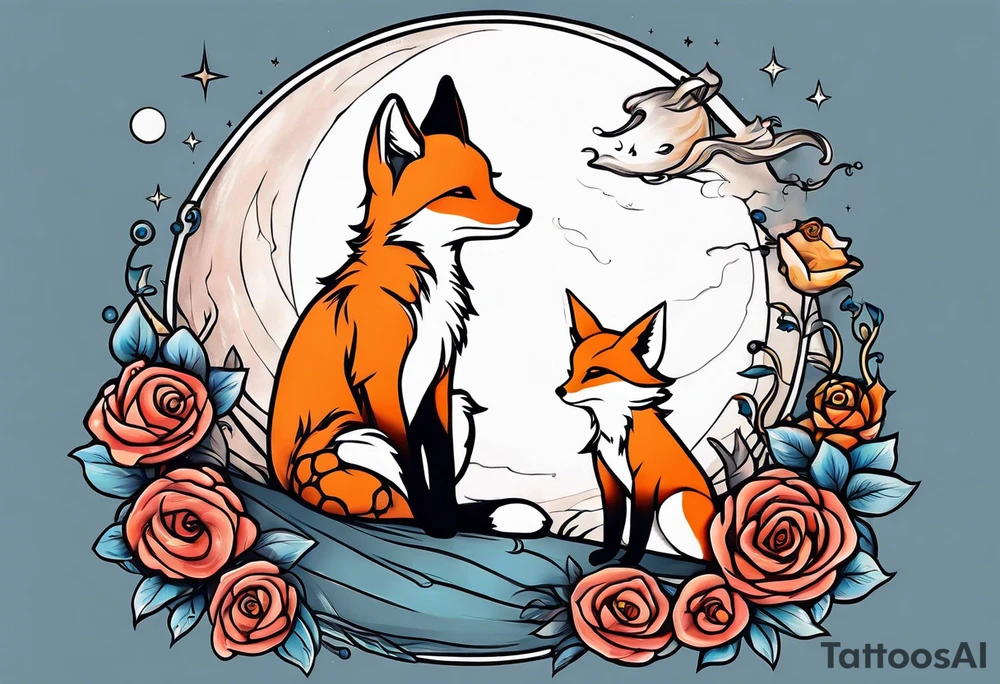 The Little prince sitting on his planet toghether with the fox on his planet besides his rose. Both are watching into the sky tattoo idea