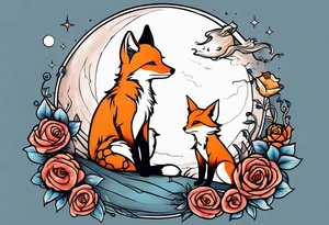 The Little prince sitting on his planet toghether with the fox on his planet besides his rose. Both are watching into the sky tattoo idea