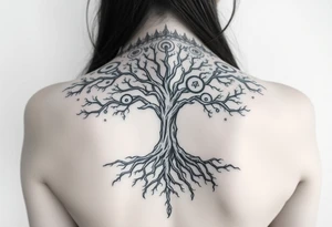 Tree, roots, branches - a lively organic style, combined with the official scheme of sephirot Classic scheme of Sephiroth, symmetry, circles, clean lines, ancient aesthetics. tattoo idea