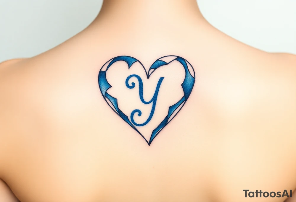 A shattered glass heart with the letter "Y" in blue, symbolizing love’s fragility and strength. tattoo idea