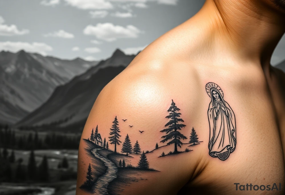 Mountainous valley with creek and a few trees with a Russian orthodox kazan scene covering my shoulder entering my upper arm with a Russian orthodox Virgin Mary tattoo idea