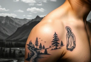 Mountainous valley with creek and a few trees with a Russian orthodox kazan scene covering my shoulder entering my upper arm with a Russian orthodox Virgin Mary tattoo idea
