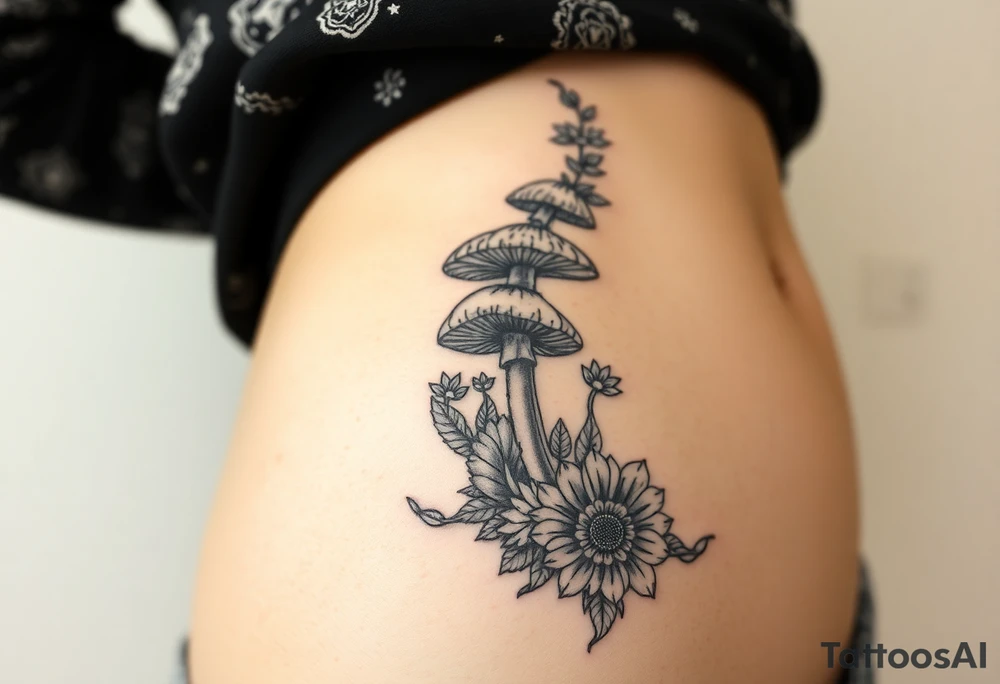 Could you possible make me a nature tattoo with mushrooms crystals  flowers mandala boho but vibrant colorful and psychedelic colorful too that would wrap from front of hip around side to mid back to cover an existing one tattoo idea