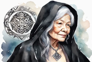 a beautiful grandmother with black hair dressed in a black cloak with a silver amulet tattoo idea