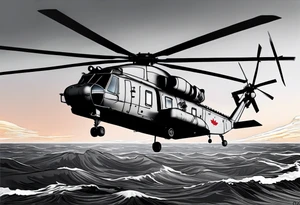 canadian military grey helicopter cyclone CH-148, a helicopter flying over rough water, Clear sky, sunset
, military art, ocean specular, highly detailed background, tattoo idea