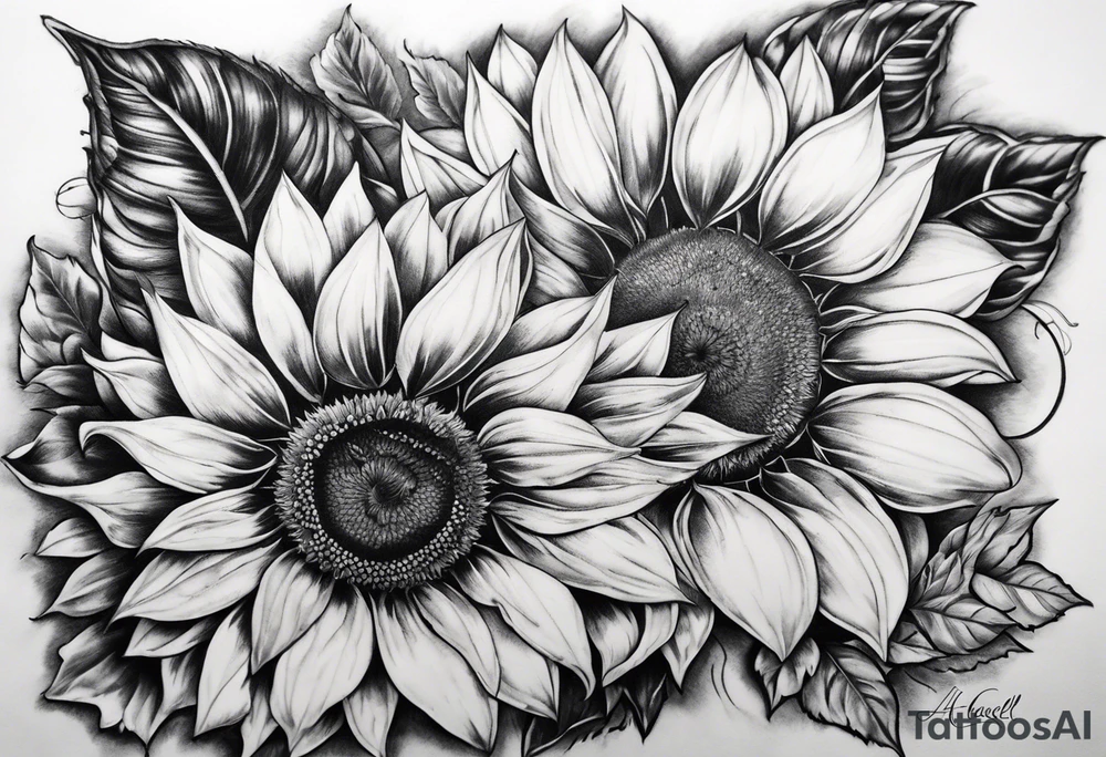 My moms name Araceli in cursive four sunflowers and shading all around tattoo idea