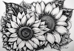 My moms name Araceli in cursive four sunflowers and shading all around tattoo idea