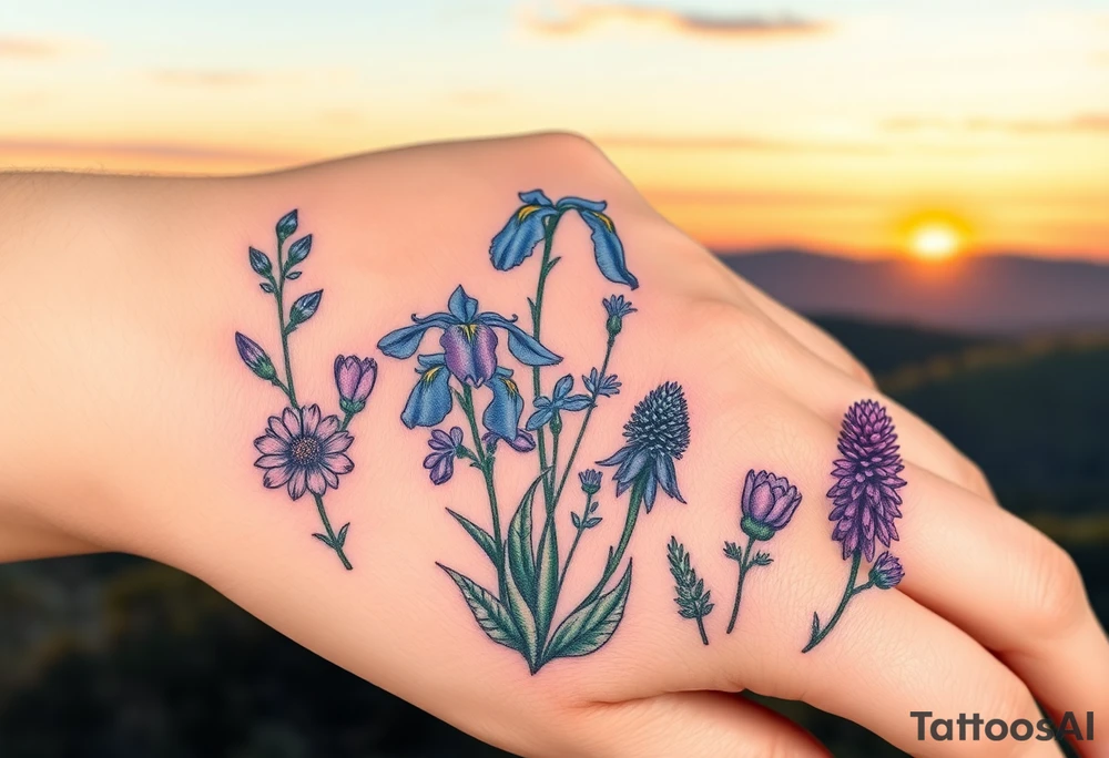 cutleaf coneflower, blue flag iris, bee balm, obedient plant, purple coneflower on a hill with a sunset tattoo idea