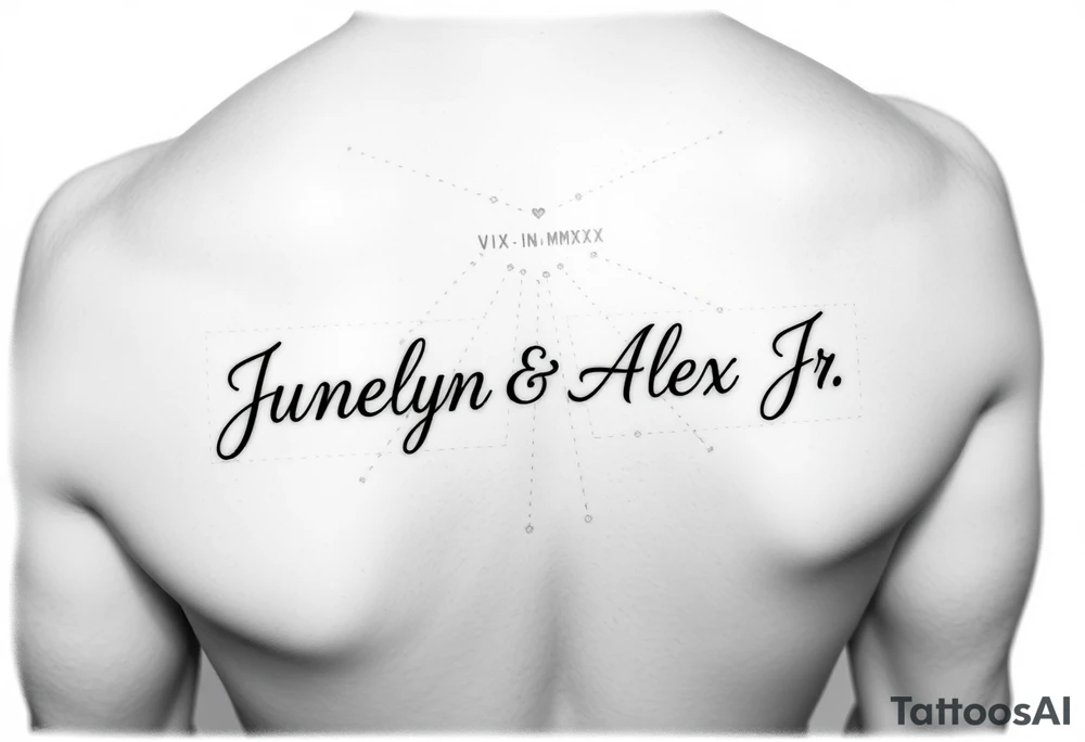 Junelyn & Alex Jr in cursive font  VI·IX·MMXIX VII·XXVII·MMXX on a forearm tattoo idea