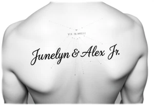 Junelyn & Alex Jr in cursive font  VI·IX·MMXIX VII·XXVII·MMXX on a forearm tattoo idea