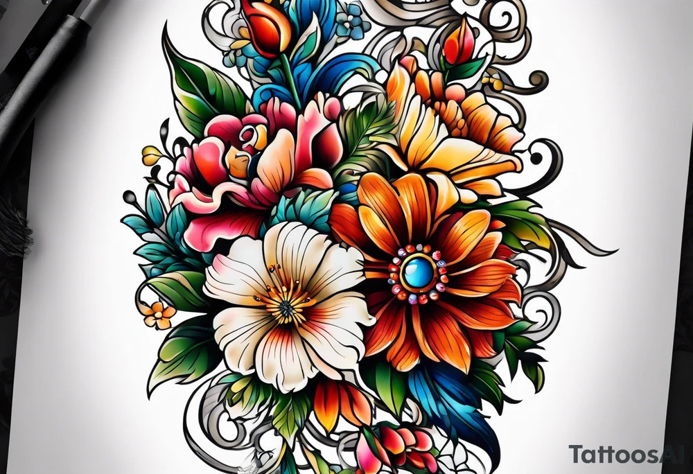 Floral leg piece with beading and lace tattoo idea. colorful, old school flowers, highly detailed, florals. white background tattoo idea