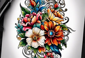 Floral leg piece with beading and lace tattoo idea. colorful, old school flowers, highly detailed, florals. white background tattoo idea