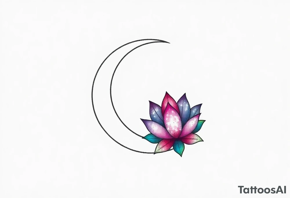small colorful crescent moon with lotus flower tattoo idea