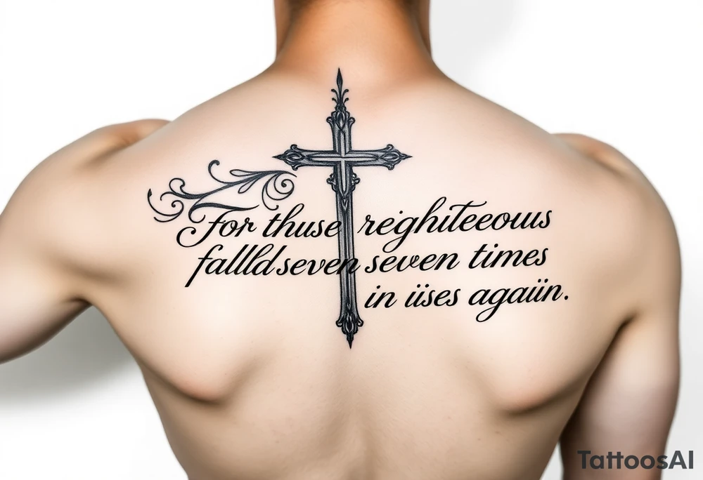 Upper forearm vertical tattoo layout. A large, ornate Christian wood-grain cross serves as the center anchor. Flows into elegant Chicano-style cursive calligraphy that completely fills the upper forearm space. The text spells out the full verse: "For the righteous falls seven times and rises again. Proverbs 24:16". Deep black ink, sharp fine-line details, drop shadows under the letters for depth. Solid white backdrop, absolutely no clouds or smoke backgrounds. tattoo idea
