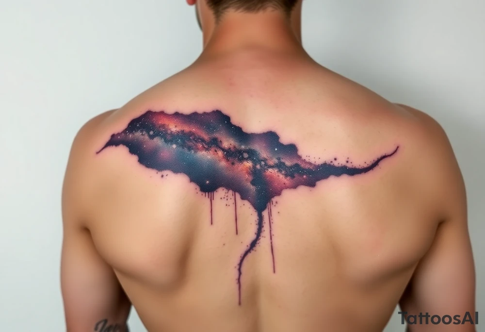 Beautiful and epic 3d milky way that appears to be what is beneath the skin. Make it drape over the shoulder and move to the middle back. use negative spaces to create stars and dust. Incorporate God breathing life into the universe. Keep it symmetrical tattoo idea