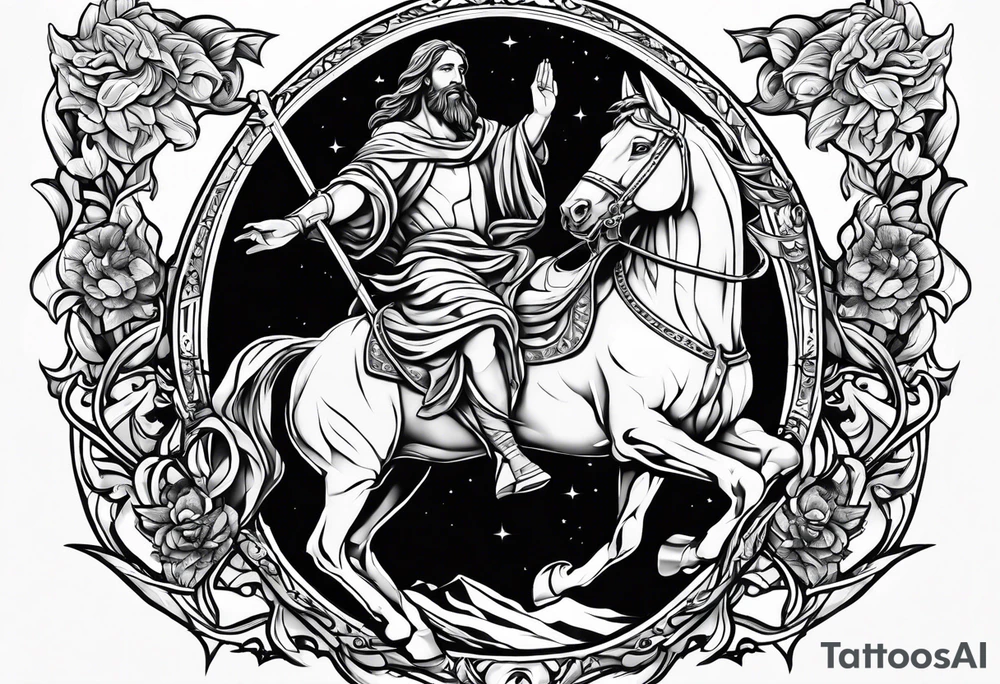 Jesus riding horse with king of kings tattoo on leg tattoo idea