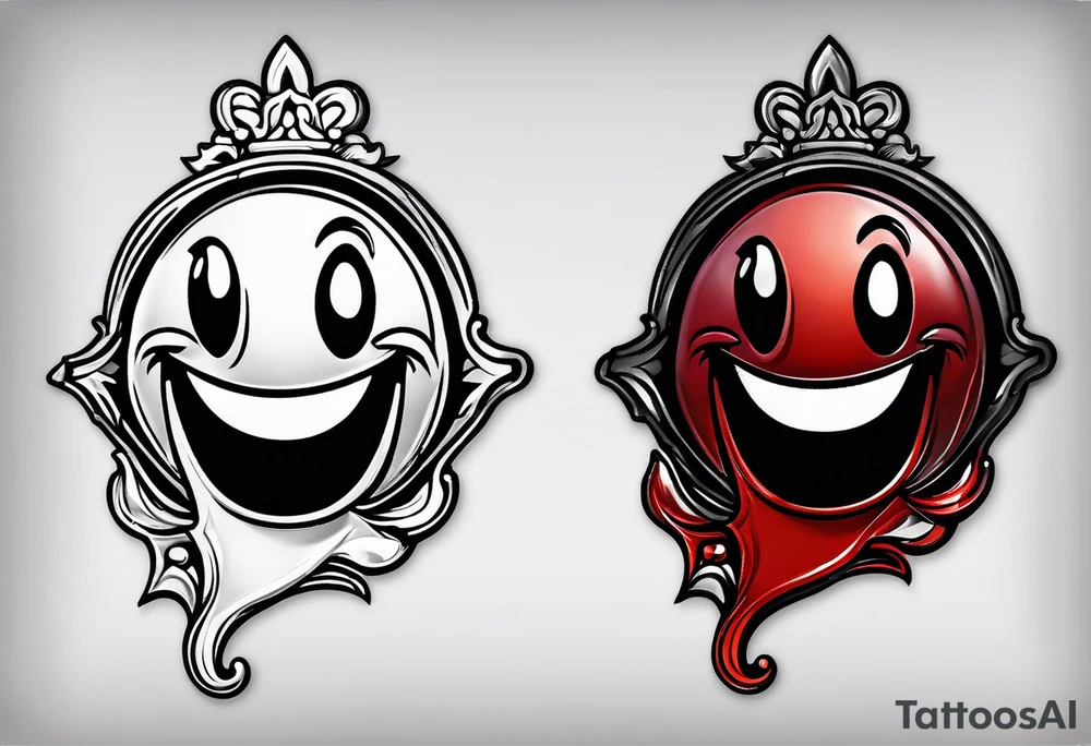 Smile face pin with a drop of blood on it.  Words under it say it's all a joke tattoo idea