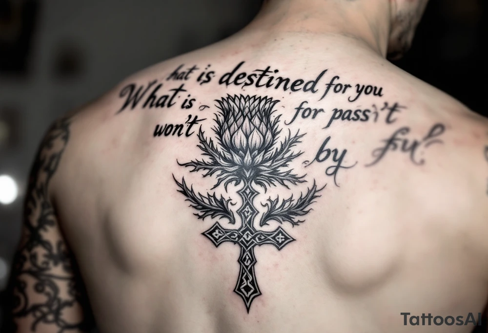 include the Scottish Gaelic translation of, "What is destined for you won't pass you by" and the Scottish thistle along with a Scottish Celtic cross. To be tattooed on the forearm tattoo idea