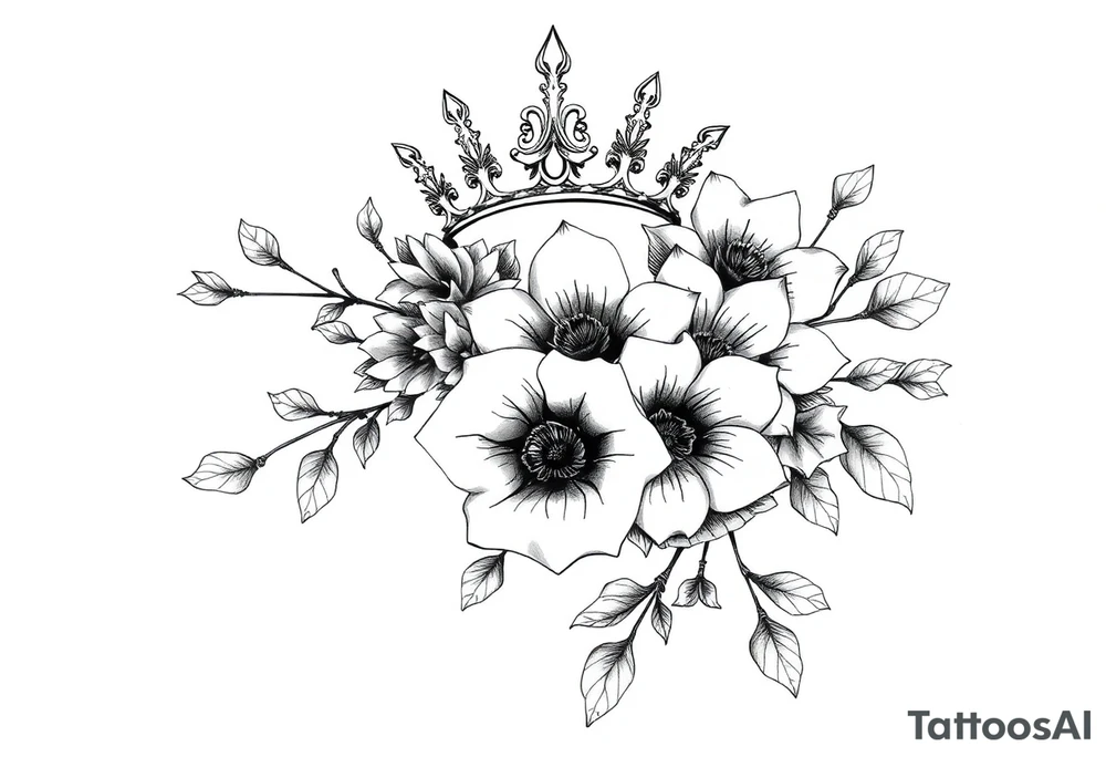 detailed beautiful gothic boho flowers on vine with gorgeous crown ornamental tattoo idea