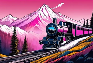 Mountain with steam train travelling down the mountain with pink horizon tattoo idea