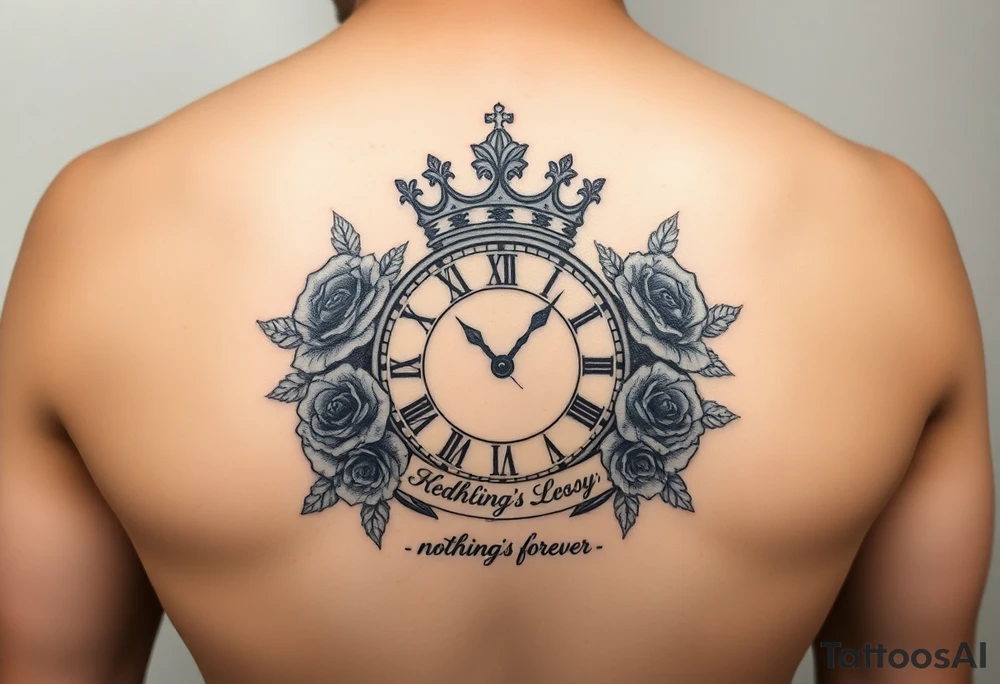 Roman clock with a crown, surrounded by 3 roses and a quote that says nothings forever tattoo idea