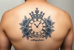 Roman clock with a crown, surrounded by 3 roses and a quote that says nothings forever tattoo idea