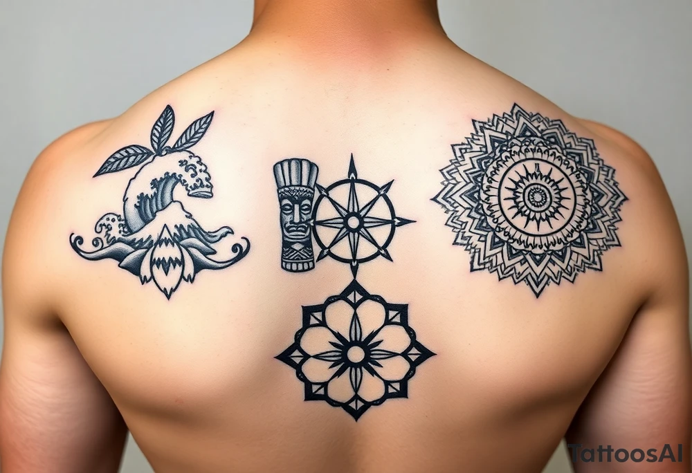 Polynesian symbols of waves, spearheads and tiki, scandanvian compass, igbo patterns symbolizing resilience, Native American circle representing wholeness. The names Lainey, Kainoa and Maya tattoo idea