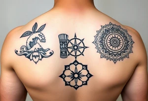 Polynesian symbols of waves, spearheads and tiki, scandanvian compass, igbo patterns symbolizing resilience, Native American circle representing wholeness. The names Lainey, Kainoa and Maya tattoo idea