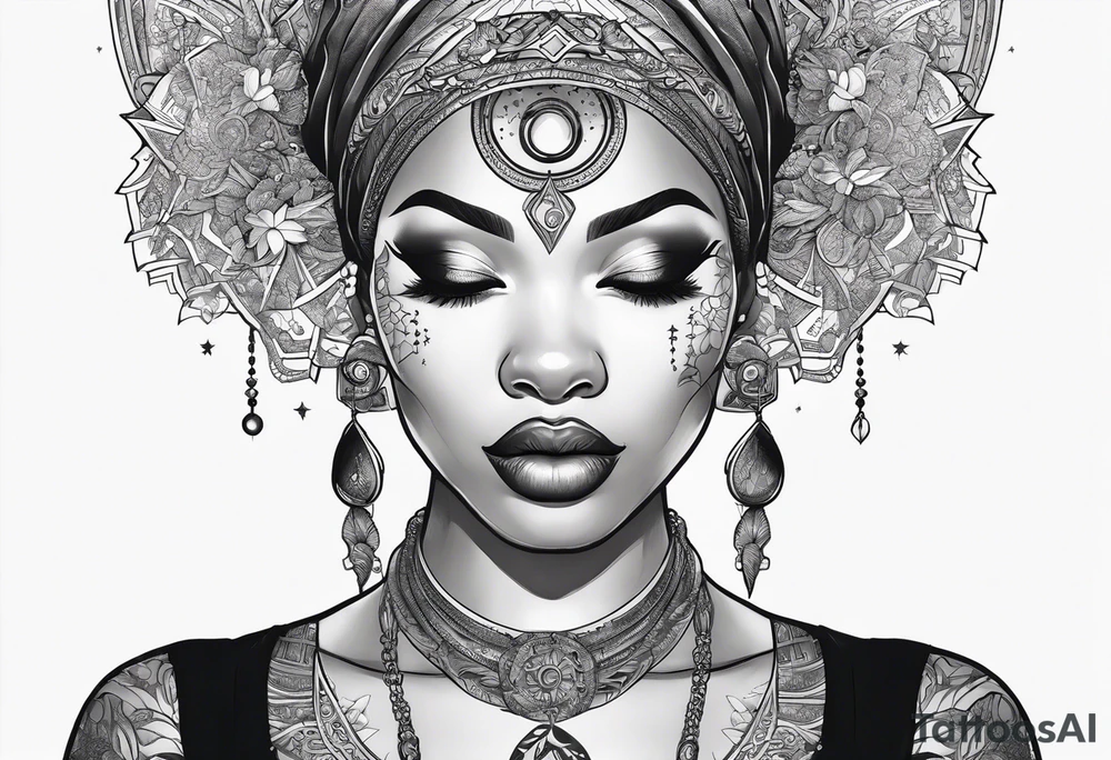 Black woman, enlightenment, wisdom, astronomy, cancer zodiac, natural, full arm tattoo idea