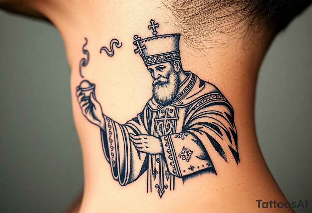 Russian Orthodox Priest in a fully detailed gold vestment swinging a censer with smoke curling upward tattoo idea