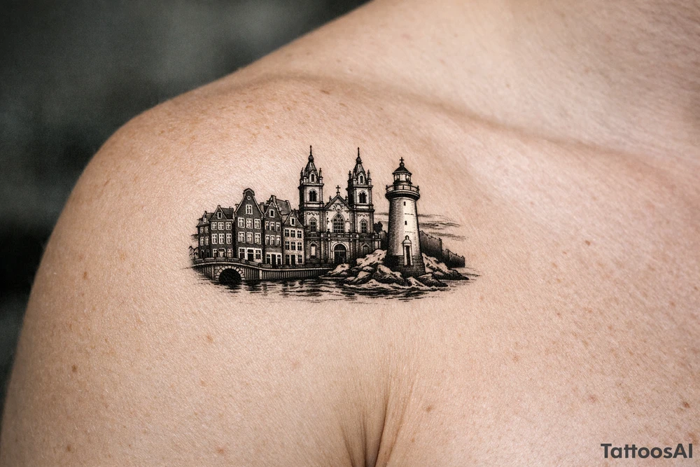 Cityscape silhouette of Amsterdam canal houses and Braga cathedral, with New Brighton lighthouse. tattoo idea