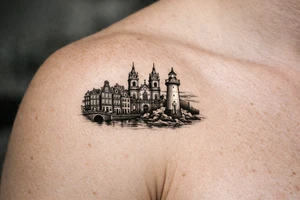 Cityscape silhouette of Amsterdam canal houses and Braga cathedral, with New Brighton lighthouse. tattoo idea