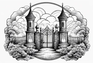 heaven summer town with tower houses gate entrance 
 in circle clouds  vignette tattoo idea