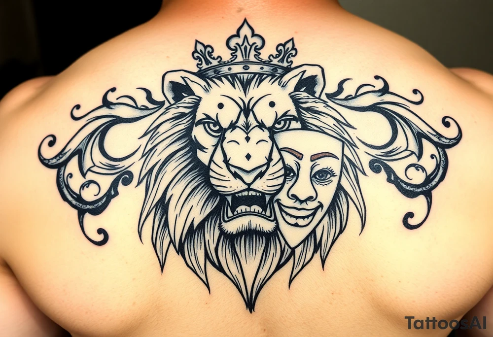 powerful majestic lion with a crown, 5 card hand, something Gemini related, and a happy mask getting pulled off tattoo idea
