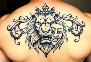 powerful majestic lion with a crown, 5 card hand, something Gemini related, and a happy mask getting pulled off tattoo idea