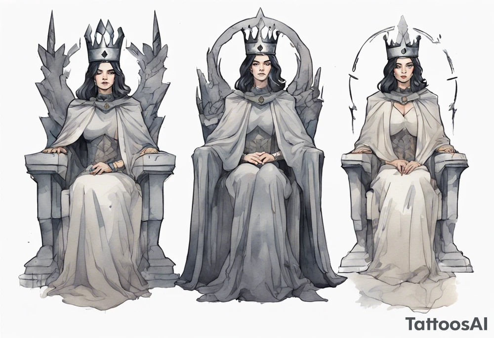 a Visigoth queen wearing a minimalist iron crown, wearing a grey cloak, sitting on a simple stone throne tattoo idea