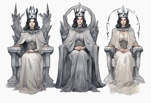 a Visigoth queen wearing a minimalist iron crown, wearing a grey cloak, sitting on a simple stone throne tattoo idea