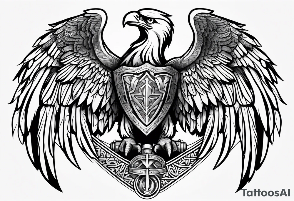 upper back and shoulder tattoo eagle wings with spartan helmet in middle with letters RELJA on top, maori style tattoo idea
