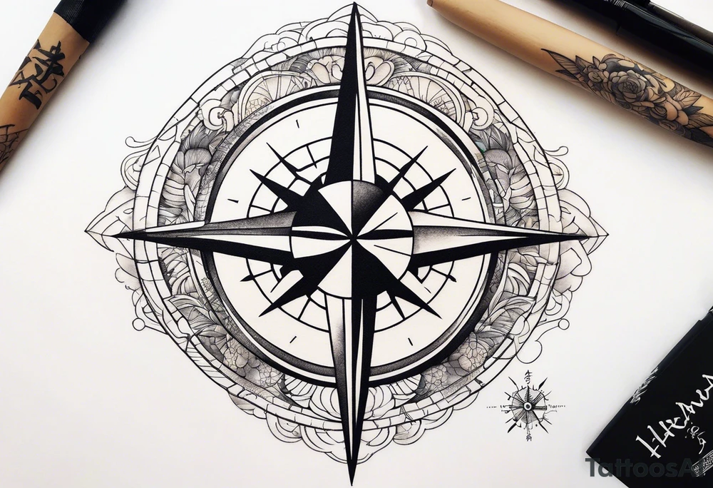 Travel themed for thigh, compass rose with tiny jet plane tattoo idea