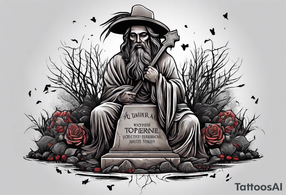 Man emerging from grave. 
MIW Reincarnate written on gravestone tattoo idea