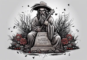 Man emerging from grave. 
MIW Reincarnate written on gravestone tattoo idea